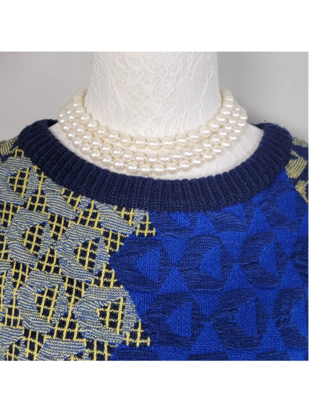 Kerisma Knit Crew Neck Sweater Pencil Midi Skirt Matching Set Blue Geometric S